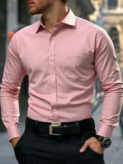 Manfinity Bizformal Camisas formales de vestir para hombre de manga larga, de un solo color, con estiramiento y sin arrugas, para uso casual y de negocios, con botones, para otoño