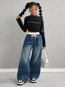 Tween Girls Fall/Winter Y2k 90s Comfortable Simple Loose Fit Wide-Leg Jeans With Contrast Color Trim,Mid-Waist,Double Waist,Casual And Versatile For Girls Fall/Winter Dailywear Costume And Streetwear Outfits,For Girls Halloween And Christmas Costume,Girls Winter Jeans,Winter Clothes,Teen Baggy Jeans - Medium Wash - View 3