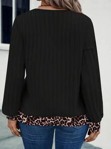 EMERY ROSE Sweat-shirt-shirt décontracté à col V, manches longues, imprimé léopard bicolore, grande taille, automne/hiver pour femmes - Noir - Voir 2