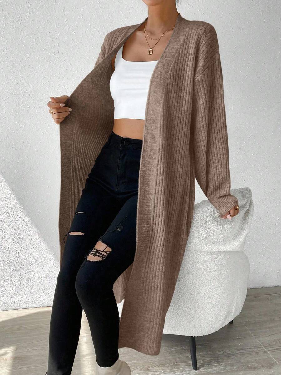 EMERY ROSE Women's Brown V-Neck Ribbed Lantern Sleeve Wool Blend Cardigan - Brown - View 1