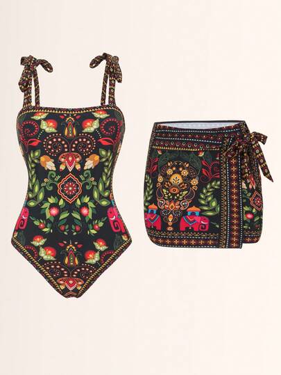 Swim Oasis Set de 2 piezas: Top con estampado posicionado + Falda con estampado posicionado, conjunto de verano