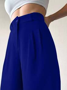 SHEIN Tall Women's Solid Color Wide Leg Suit Pants - Navy Blue - View 3