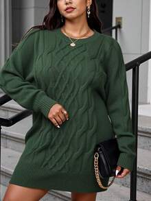 Easura Plus Cable Knit Sweater Dress, Winter Fall Cloth For Women Autumn - Green - View 4