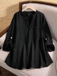 EMERY ROSE Plus Size Women Solid V-Neck Roll Sleeve Blouse,Western Wear Women - Black - View 3