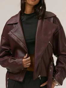 MUSERA Áo khoác bất đối xứng cổ bẻ khóa kéo, chi tiết thắt lưng giả da, thích hợp cho buổi tối, mùa đông hoặc mùa xuân. - Màu Đỏ Sâu - Xem 2