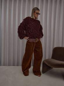 MUSERA Shaggy Fringe Knit Crew Neck Sweater Streetwear Cute Classy Casual Sexy Going Out Fall Autumn Toffee Evening Party Elegant   Spring