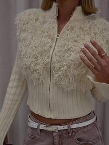 MUSERA 高领拉链厚罗纹针织毛衣，正面饰有毛茸茸的流苏，街头风，优雅休闲，性感迷人，适合外出、晚宴、派对等场合。 - 奶油色 - 查看 6