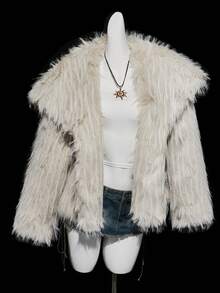 SHEIN ICON Damen Lange Ärmel Kunstpelz Kragen Offene Front Flauschige Strickjacke Mantel, Winter - Beige - Übersicht 1
