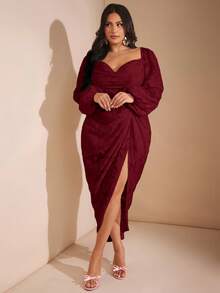 SHEIN BAE Đầm xòe tay dài màu hồng, cổ xếp nếp, tay dài, đính kim sa lấp lánh gợi cảm dành cho nữ cỡ lớn, thanh lịch, quyến rũ - Màu Đỏ Sâu - Xem 4