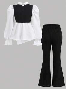 SHEIN Tween Girls Ribbed Collared Shirt & Flare Pants Co-Ord Set, Elegant For Commute And Back To School
