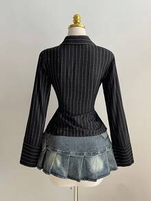 Elamini 1pc Black V-Neck Striped Collar Slim Fit Button-Up Long Sleeve Sexy Blouse For Commuting & Daily Wear, Winter - Black - View 2