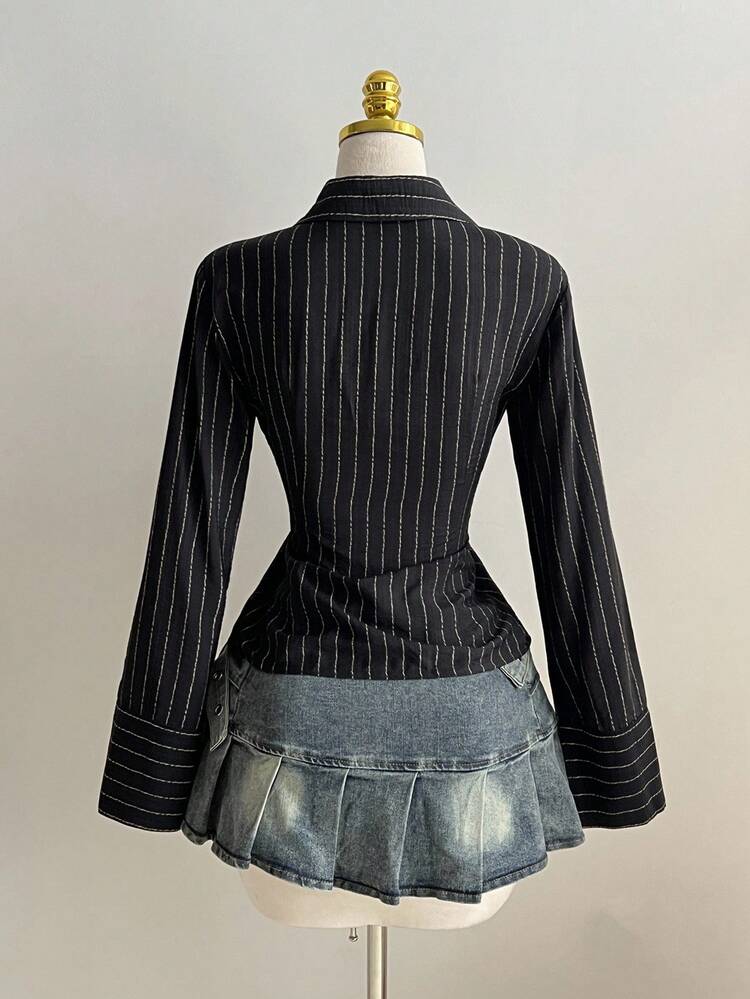 1 Peça Blusa Slim Fit de Manga Longa com Botões, Decote em V e Gola Listrada Preta, Ideal para Uso Diário e Trabalho, Inverno - Preto - Visão 2