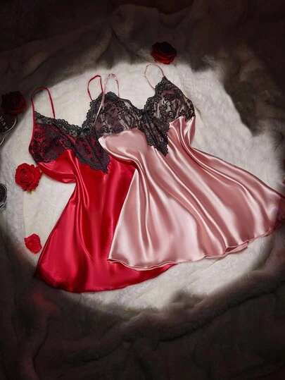 SHEIN 2 件套女士性感深 V 睡袍，撞色蕾丝缎面加大码睡衣