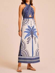 CAJUNI Backless Geometric Palm Tree Print Dress, Sexy For Vacation - Multicolor - View 5