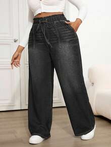 Dripcurv 大码休闲宽松松紧腰直筒牛仔裤，蓝色 - 深灰色 - 查看 6