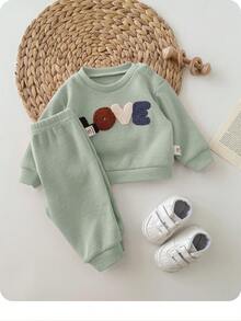 SHEIN Newborn Baby Letter Embroidered Sweatshirt And Sweatpants Set - Mint Green - View 3