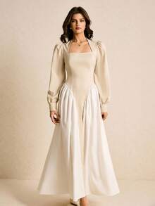 Poéselle 女士撞色天鹅领泡泡袖褶皱连衣裙，优雅 - 杏色 - 查看 3