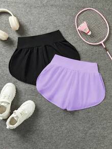SHEIN Tween Girls 2-Piece Outfit, Solid Black & Purple, Simple Design, Loose Fit, Comfortable, Versatile, Casual, Athletic, High Waist For Snug Fit Effect, All-Match Shorts & Sports Pants, Moisture-Wicking, Sweat Absorbing, For Spring/Summer, School, Campus, College Girls Athletic Shorts Double Layer Shorts  Workout Shorts For Women Running Shorts Girls - Multicolor - View 3