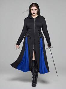 ROMWE EDITION Áo khoác trùm đầu dài vừa phải, chất liệu da PU, viền kép, phong cách Gothic, cỡ lớn, buộc dây, viền kẻ sọc, viền kép, kiểu dáng nữ tính - màu đen - Xem 7