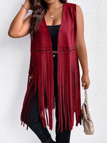 EMERY ROSE Plus Size Women Western Style Hollow Out Fringed Hem Open Front Sleeveless Long Coat For Spring/Summer, Winter Fall Autumn - Burgundy - View 3