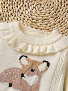 SHEIN 女婴休闲鹿图案毛衣和裤子套装 - 卡其色 - 查看 3