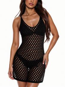 SHEIN Swim Hollow Out Split Hem Cover Up Dress Without Bikini,Summer Beach - Black - View 6