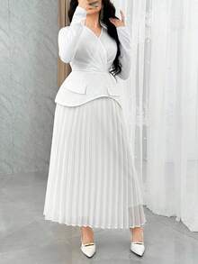 Modelyn Damen Einfarbiges Kleid mit V-Ausschnitt, Langarm, plissiertem Saum, elegantes Midi-Kleid - Weiss - Übersicht 6