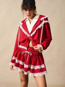 VARSIVA 女式撞色蕾丝荷叶边下摆落肩拉链连帽运动夹克 - 彩色 - 查看 2