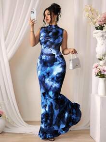 Rometta 法式优雅碎花高领无袖连衣裙，2025新款高腰显瘦优雅连衣裙，收腰碎花长裙，显瘦度假风休闲长裙，荷叶边下摆显瘦长款A字碎花连衣裙，法式度假连衣裙，夏季新款度假风收腰长裙，针织碎花连衣裙 - 藏蓝色 - 查看 1