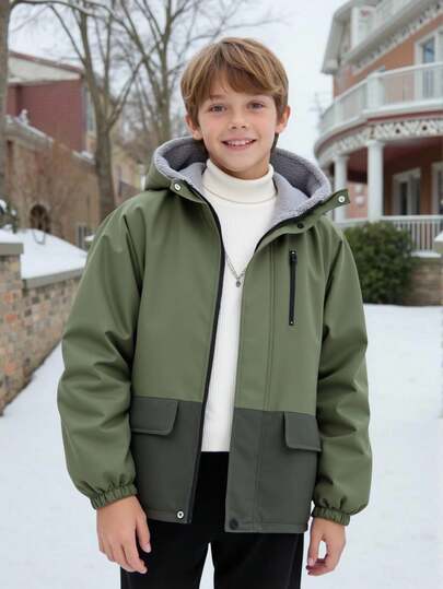 SHEIN Chaqueta con capucha de forro polar grueso de manga larga con parches de colores contrastantes, versátil y cómoda para niños preadolescentes, adecuada para ir al trabajo, la escuela, uso casual, viajes y deportes en otoño/invierno