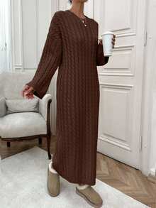 EURMUSE Women Cable Knitting Maxi Sweater Dress - Brown - View 4