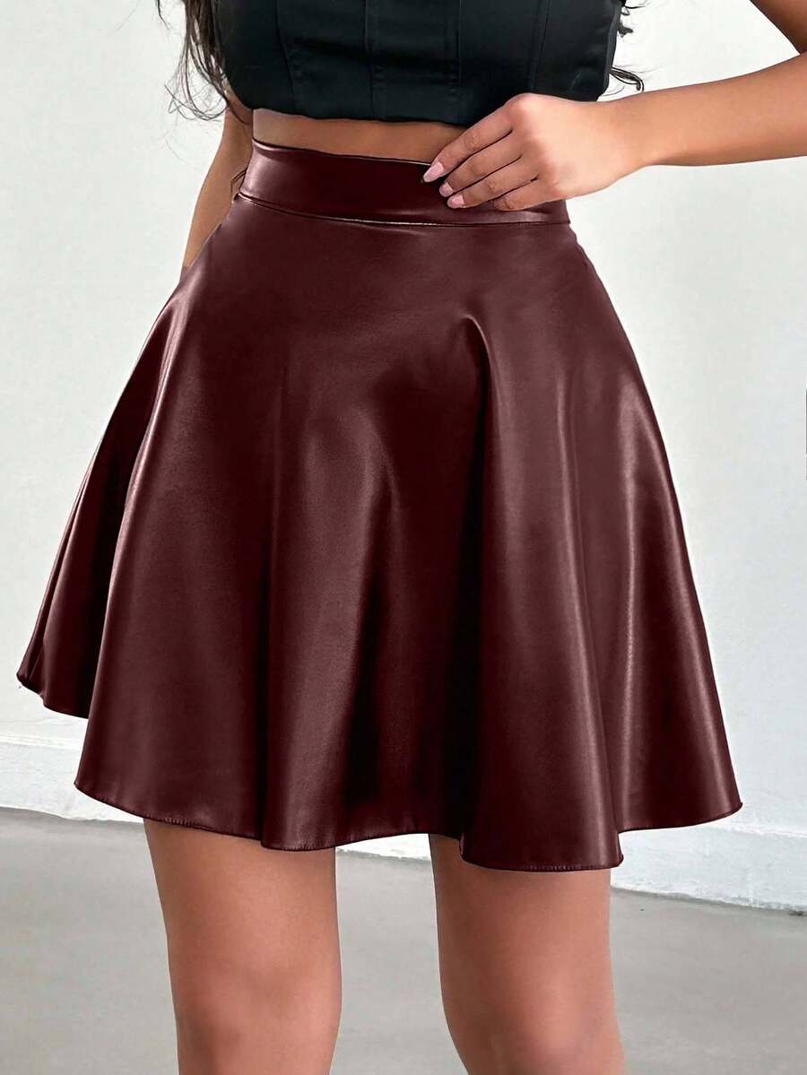 SHEIN Cottnline Women's Solid Color High Waist Skirt, Suitable For Work - Burgundy - View 1