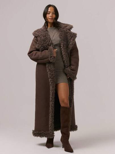 MUSERA Shearling Faux Suede Faux Fur Contrast Trim Maxi Length Oversized Coat Night Out Autumn Fall Winter Back To School Everyday Outerwear  Elegant Spring