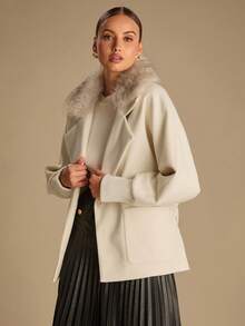 Enchnt Women's Elegant Cream White Fur Collar Woolen Jacket, Autumn Fashion Office Long Sleeves Coat For Date&Daily Commuting&Wedding Guest&Party - Apricot - View 6