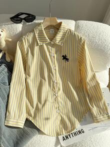 Tween 女童休闲百搭百搭学校/通勤日常刺绣黄色条纹长袖宽松衬衫秋冬 - 黃色 - 查看 3