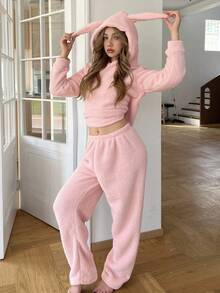 SHEIN Đồ ngủ trùm đầu bằng vải nhung lông có tai thỏ dễ thương dành cho nữ, đồ ngủ dài tay bằng vải nỉ ấm áp, quần áo thu/đông - Hồng - Xem 1