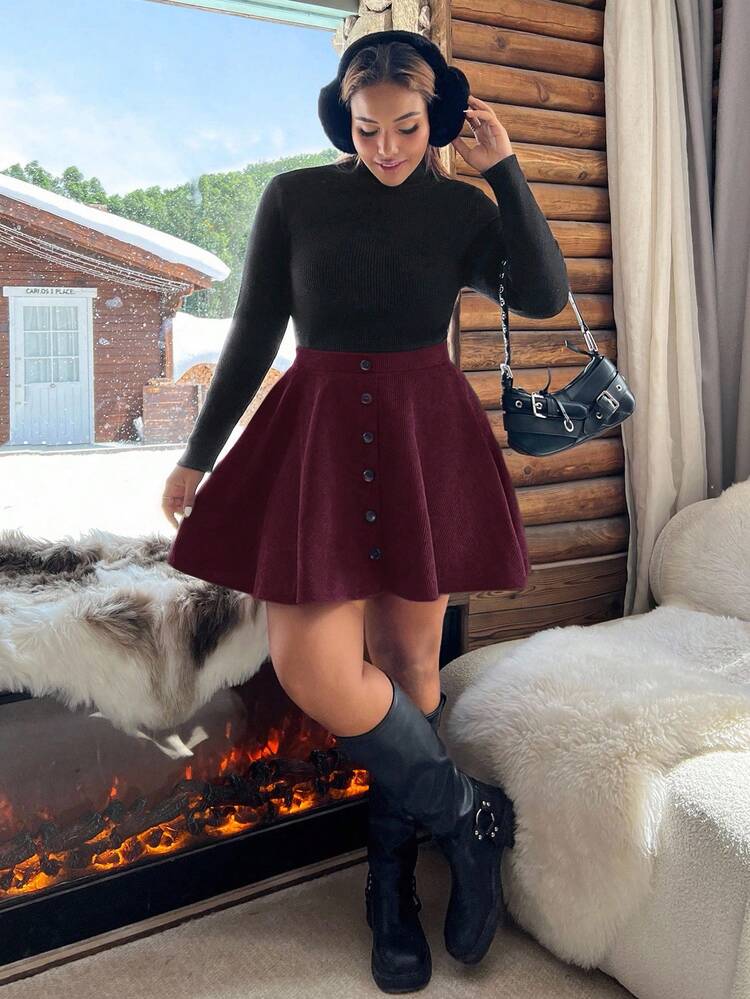 SHEIN EZwear 秋季大码纯色酒红色纽扣装饰A字裙 - 酒紅色 - 查看 3