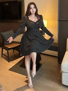Flirla 优雅复古性感蕾丝拼接长袖腰部收腰 A 字型波尔卡圆点大码女式连衣裙，适合秋冬季派对、宴会 - 黑色 - 查看 6
