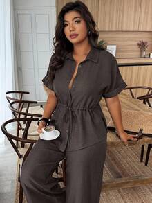 EMERY ROSE Conjunto de 2 piezas de camisa y pantalones de talla grande, unicolor, con cordón en la cintura, para vacaciones y uso casual - Marrón - Ver 4