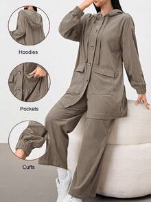 Mulvari 2pcs Khaki Women Casual Daily Hooded Shirt And Pants Set, Autumn/Winter 2 Pieces Set Pant Suit Set Women 2 Piece Woman Set Suit Set For Woman - Khaki - View 3