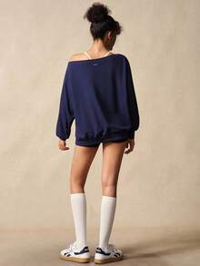 VARSIVA 女式露肩宽松长袖休闲百搭数字图案运动衫 - 藏蓝色 - 查看 8