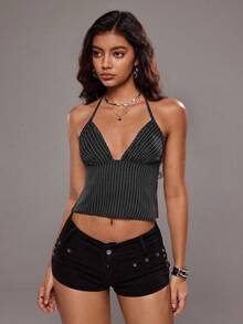 SHEIN PETITE 1 件女式无袖 V 领条纹露背休闲/通勤/复古背心，秋冬 - 黑色 - 查看 3