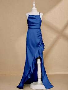 Blumenmädchen Hochzeitssaison Mädchen Hochwertig Ärmellos Taille Rüschen Schlitz Kleid, Abendkleid für Abschlussball, Geburtstagsparty