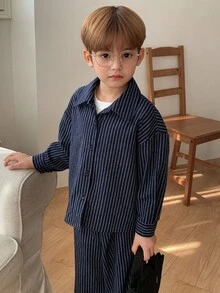 DAZY Young Boy Casual Striped Shirt And Pants Set - Navy Blue - View 2