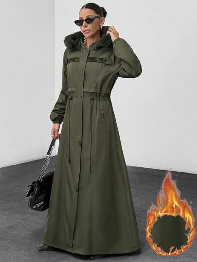 EURMUSE Khaki Long Hooded Parka With Faux Fur Trim Winter Coat For Women
