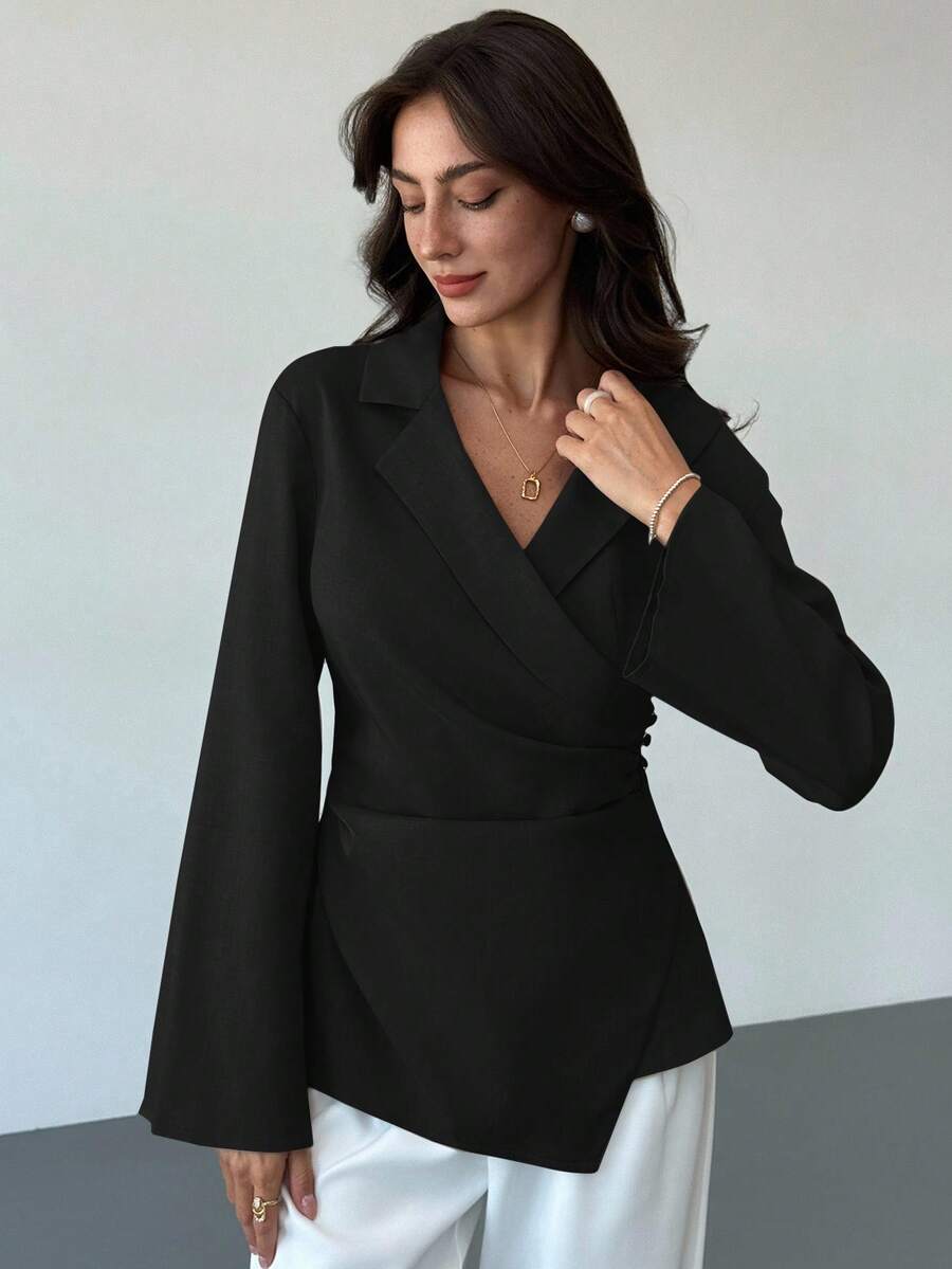 Aloruh Women's Solid Color Wrap Flare Sleeve Blouse, Suitable For Commuting,Black Tops - Black - View 1