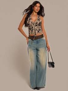 SHEIN BAE Women's Elegant Sexy Floral Flocked Mesh Backless Halter Top, Summer - Apricot - View 1