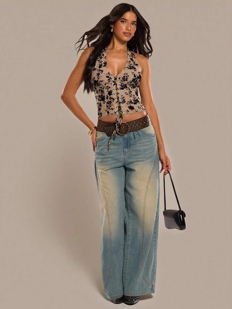 SHEIN BAE Women's Elegant Sexy Floral Flocked Mesh Backless Halter Top, Summer - Apricot - View 1