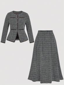 SHEIN MOD Plus Size 2-Piece Women's Tweed Color-Blocked Button Set, Long Skirt Suit, Women's Solid Color Long-Sleeved Single-Breasted Elegant Tweed Blazer, Autumn And Winter Clothes, Polished Silver Button Dec, Tweed Two Piece Set, Office Outfits For Women Set, Tweed Dresses For Women, Classic Outfits For Women, - Black and White - View 6