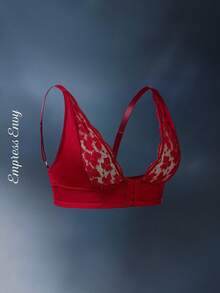 SHEIN 前开式无钢圈蕾丝文胸，舒适加大码文胸 - 酒紅色 - 查看 8